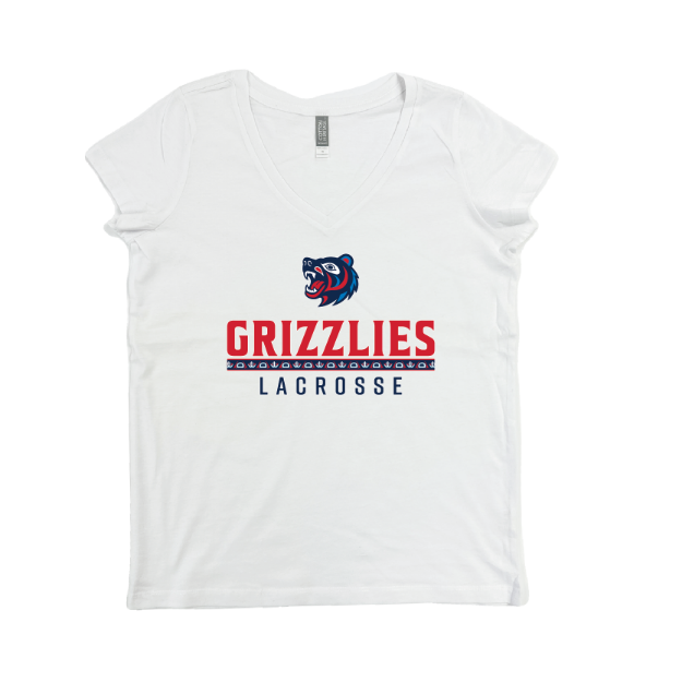 Picture of Women Vneck Tshirt (White)-GRIZZLIES LACROSSE STORE